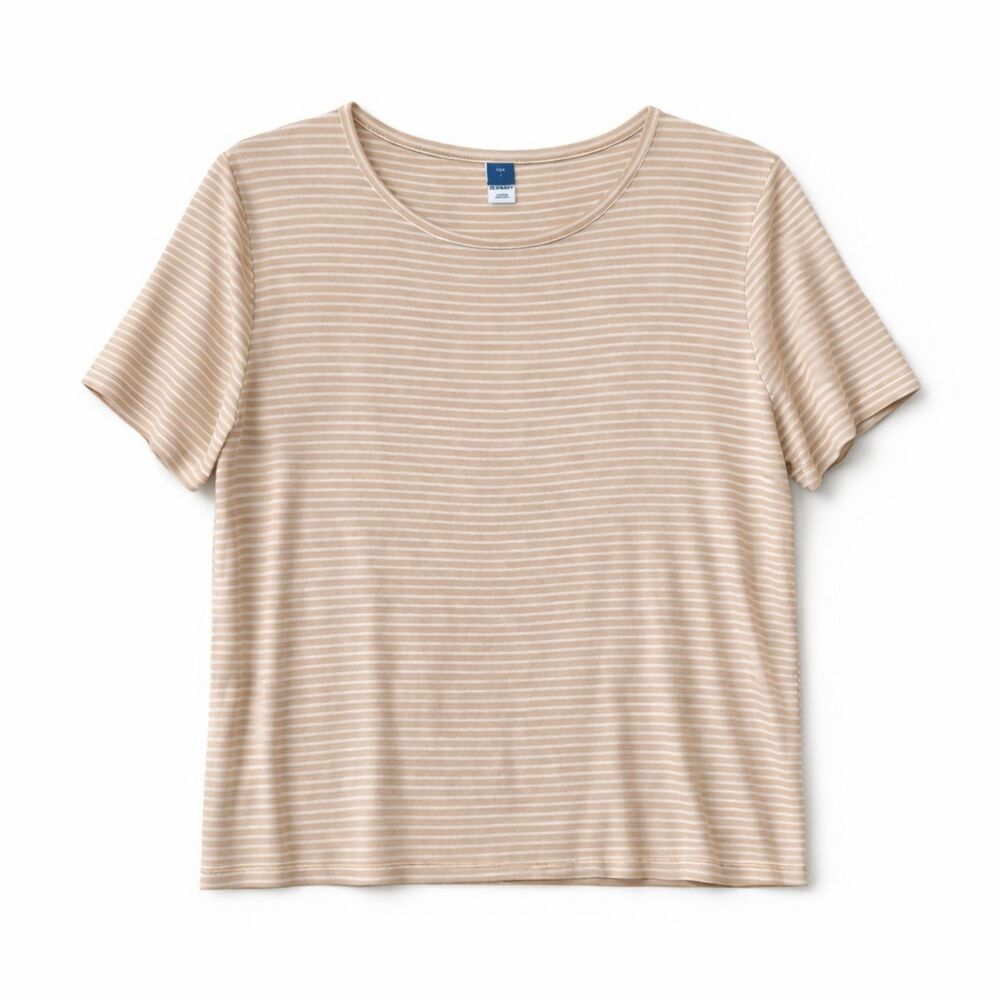 Old Navy Luxe Tan White Striped Rayon Tee Large Soft Stretch Top Coastal Neutral